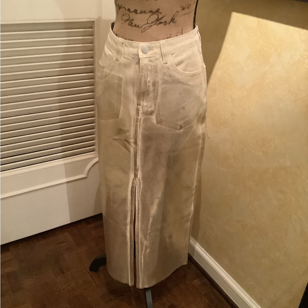 Metallic gold front silt midi denim skirt.